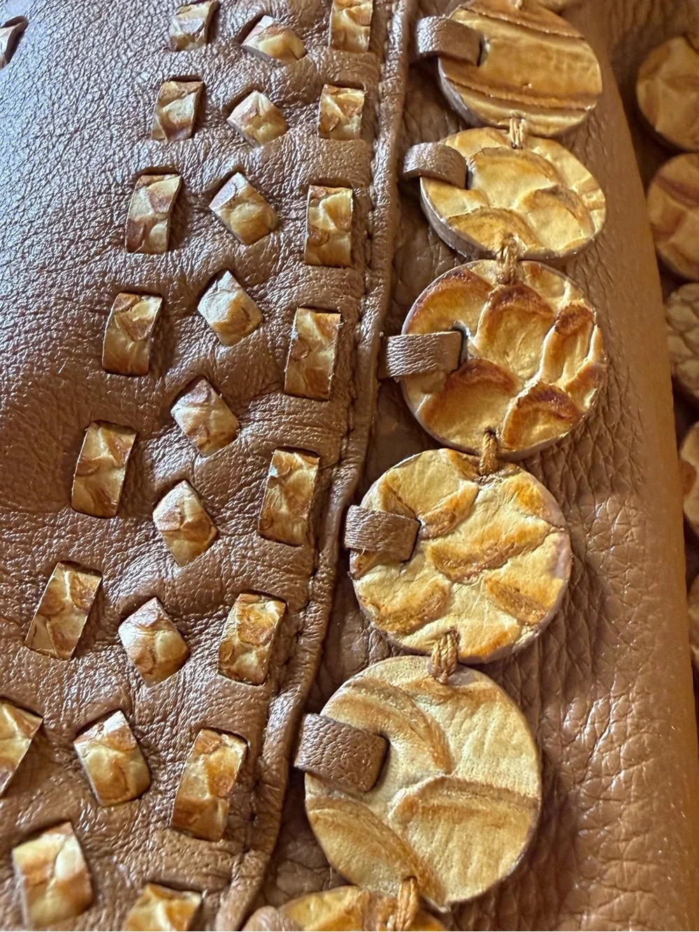 Isabella Fiore Vintage Cognac Brown Leather Whipstitch Applique Hobo Bag